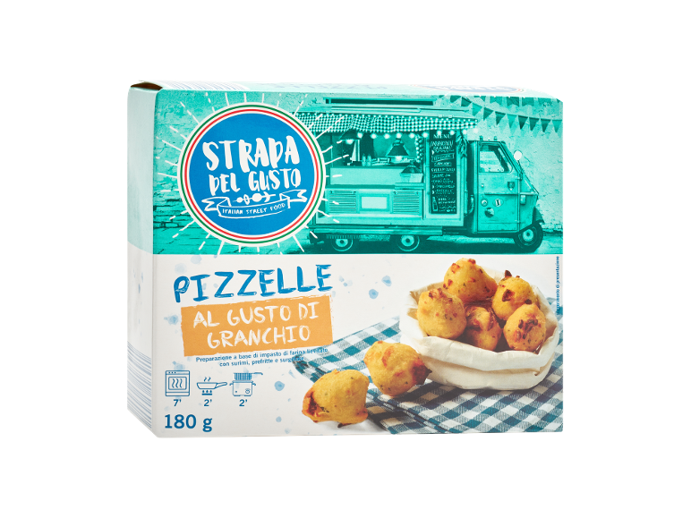 Pizzelle al gusto di granchio, 180g, street food italiano con istruzioni di preparazione.