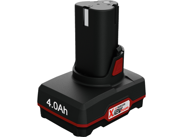 Batteria nera da 4.0Ah con accenti rossi e scritta bianca X12V Team.