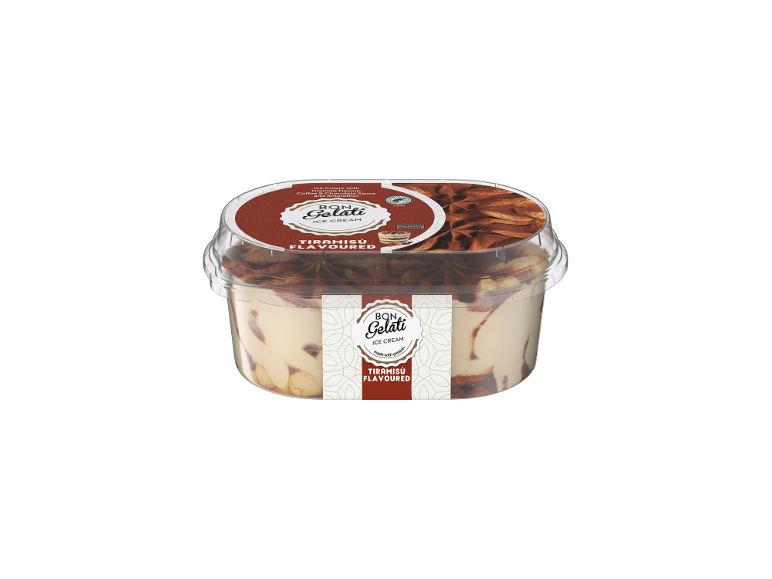 Gelato al gusto tiramisù in un contenitore trasparente.