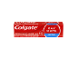 Scatola di dentifricio rossa con testo bianco e blu