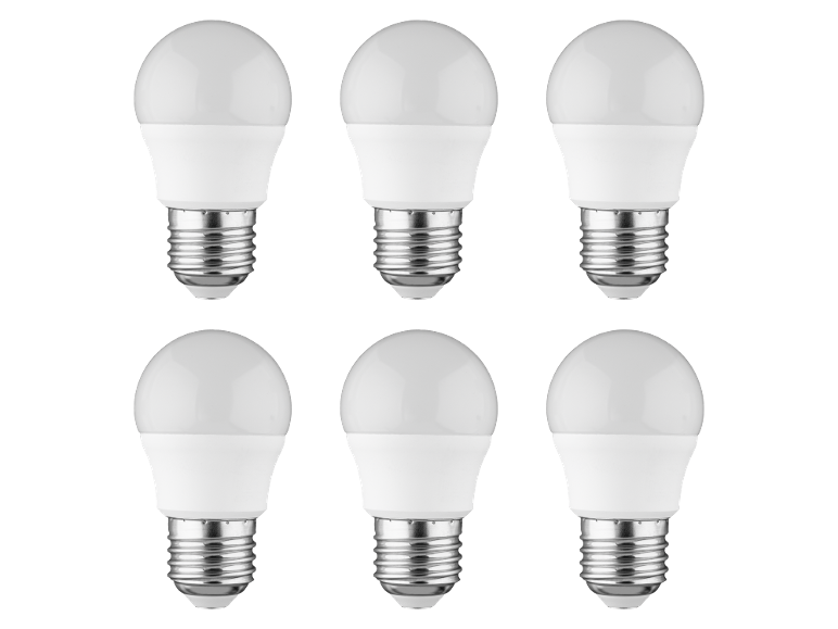 Sei lampadine LED bianche con attacco a vite su sfondo nero.