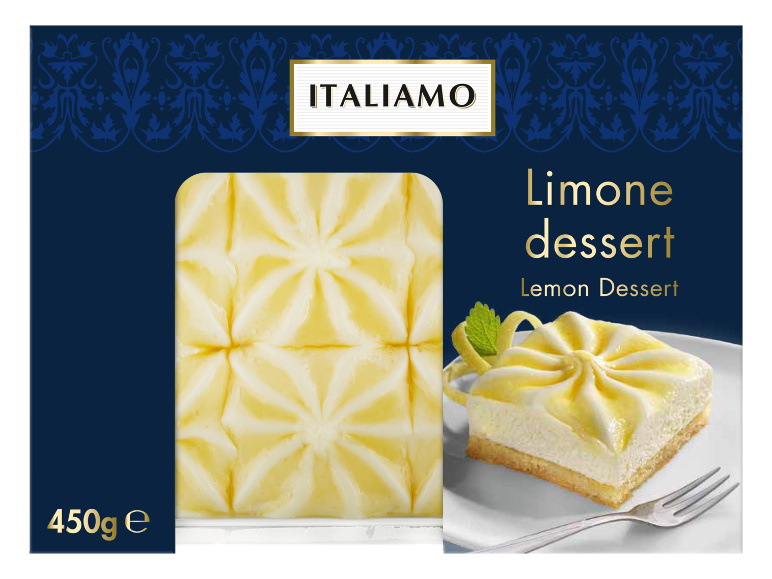 Dessert al limone da 450g, con motivo a spirale e una porzione singola.
