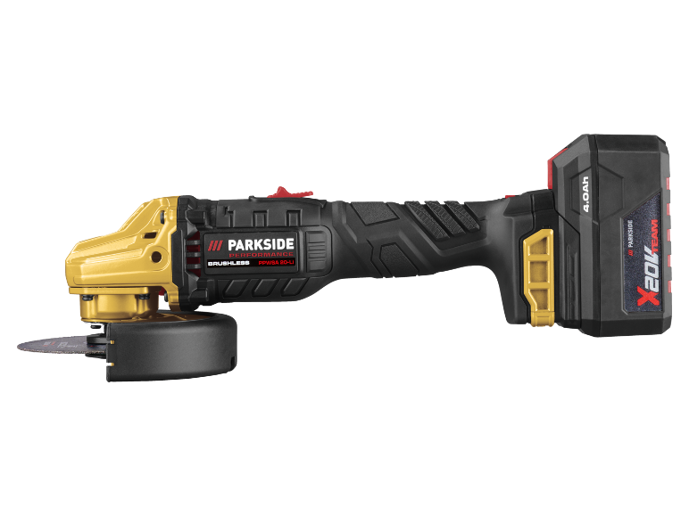 Smerigliatrice angolare a batteria con corpo dorato e batteria nera da 4,0 Ah.