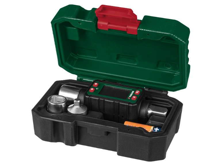 Set adattatore di coppia digitale con bussole e batteria in una custodia aperta