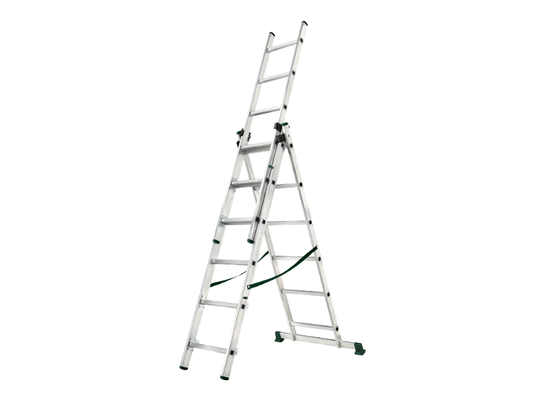 Scala multiuso in alluminio configurata a cavalletto con accenti verdi.