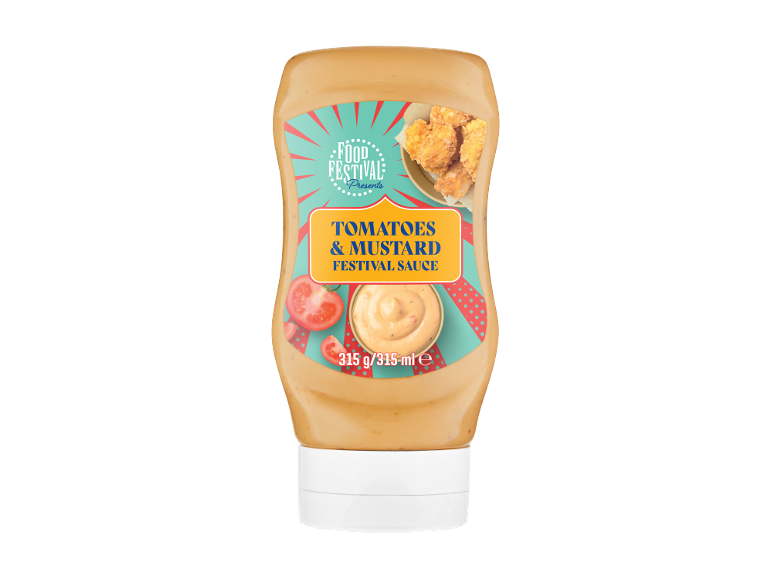 Bottiglia di salsa festival pomodoro e senape con pollo fritto e pomodori, 315g/315ml.