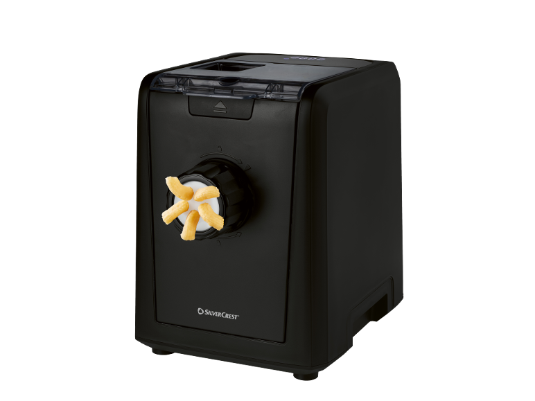 Macchina per la pasta nera con pasta fresca a forma di conchiglia che fuoriesce.