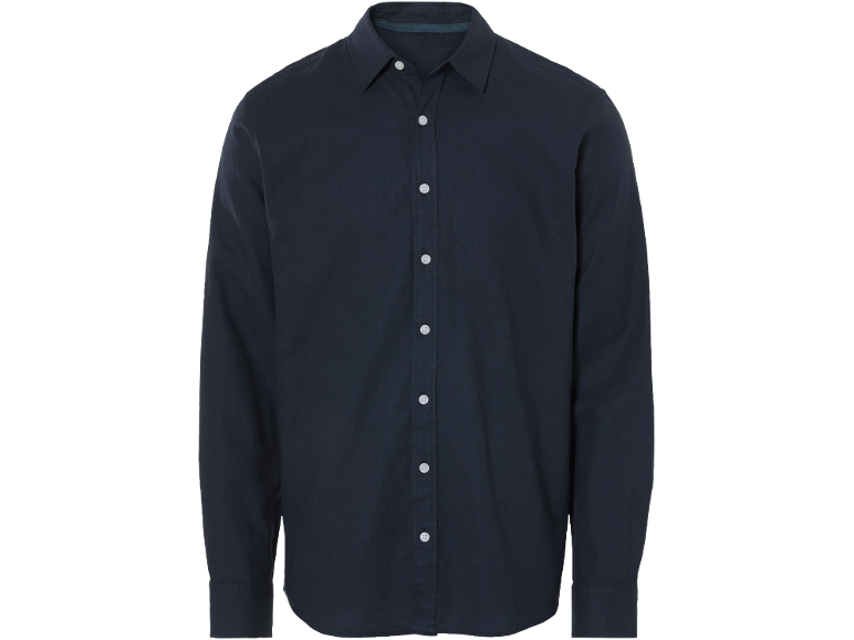 Camicia da uomo blu scuro a maniche lunghe con bottoni bianchi.