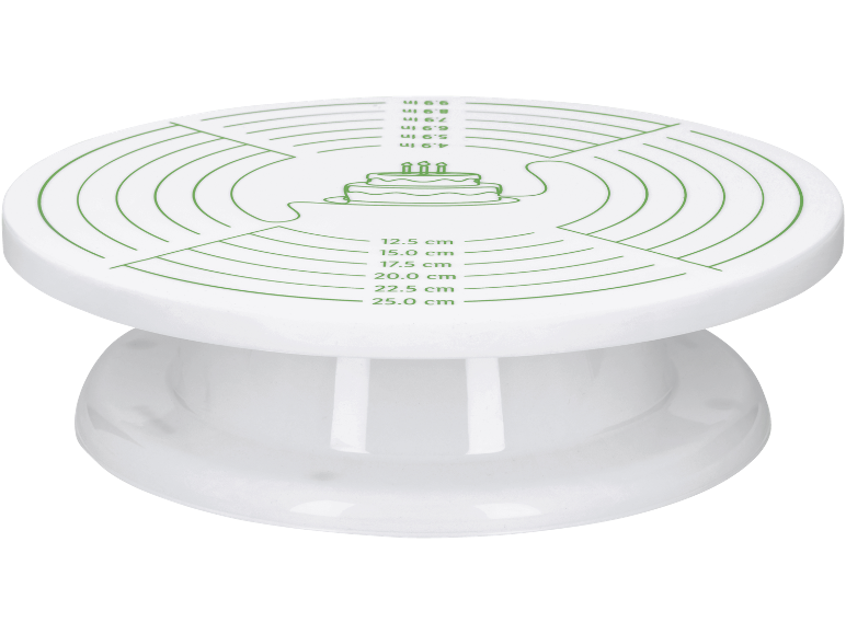 Piatto girevole bianco per decorare torte con misurazioni verdi e disegno di torta.
