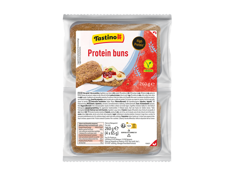 Panini proteici confezionati con suggerimento di presentazione e informazioni nutrizionali.