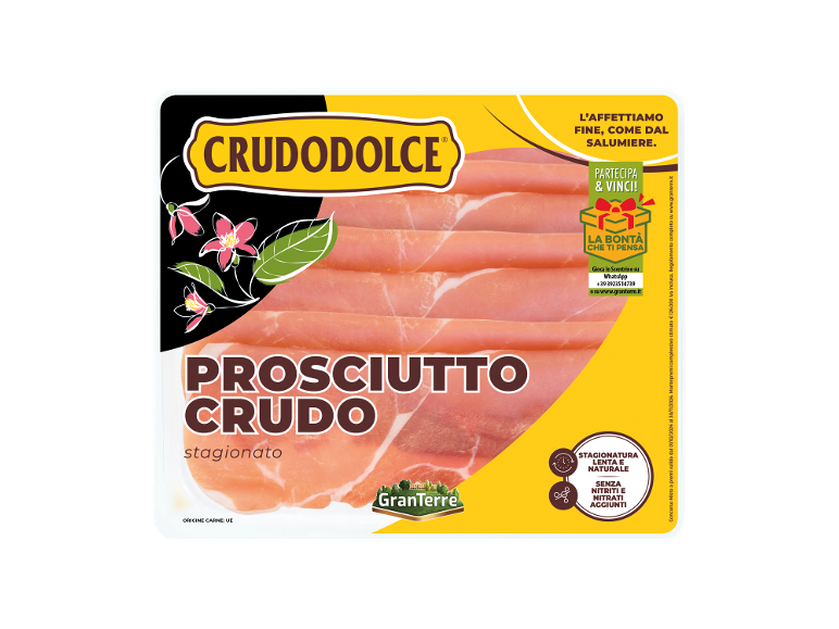 Confezione di prosciutto crudo stagionato, affettato fine, senza nitriti e nitrati aggiunti.
