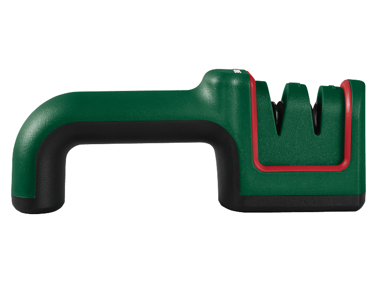 Affilacoltelli verde con manico nero e accenti rossi.