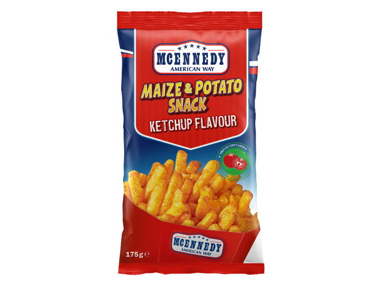 Snack di mais e patate al gusto ketchup in una busta rossa e blu, 175g.