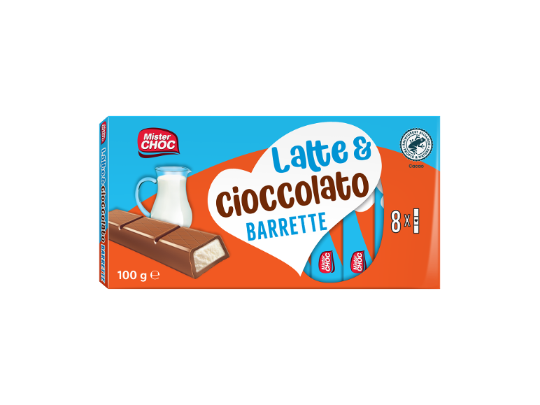 Scatola di barrette di cioccolato al latte, con una barretta aperta che mostra il ripieno.