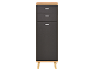 Comò moderno grigio con tre cassetti e gambe in legno chiaro.