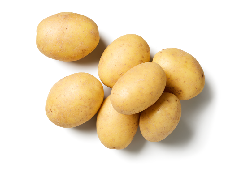 Un gruppo di patate fresche a buccia gialla su sfondo bianco.