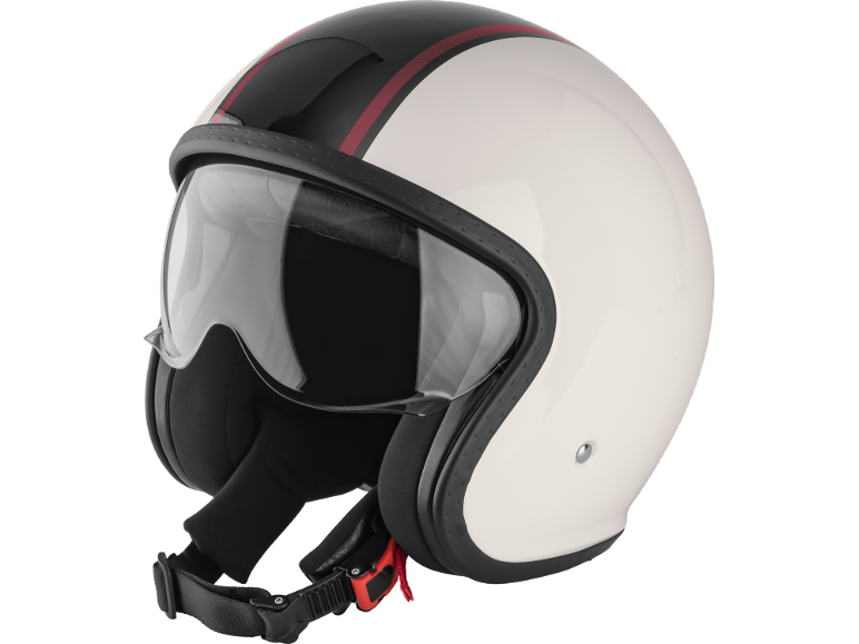 Casco da moto jet bianco con strisce nere e rosse e visiera trasparente.
