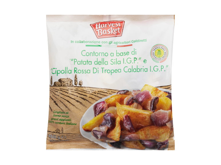 Contorno di patate e cipolla rossa di Tropea, grigliate al forno senza grassi aggiunti.