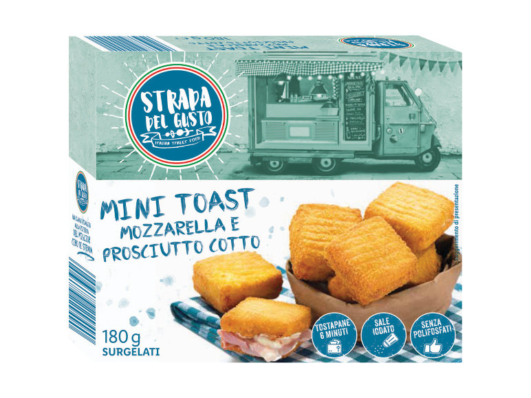 Scatola di mini toast mozzarella e prosciutto cotto, con un food truck.