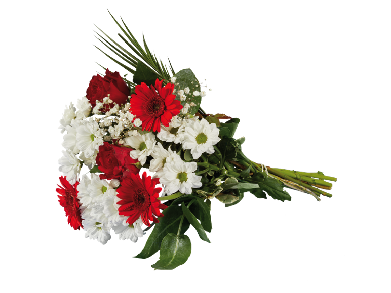 Mazzo di fiori con rose rosse, margherite bianche e gerbere rosse.