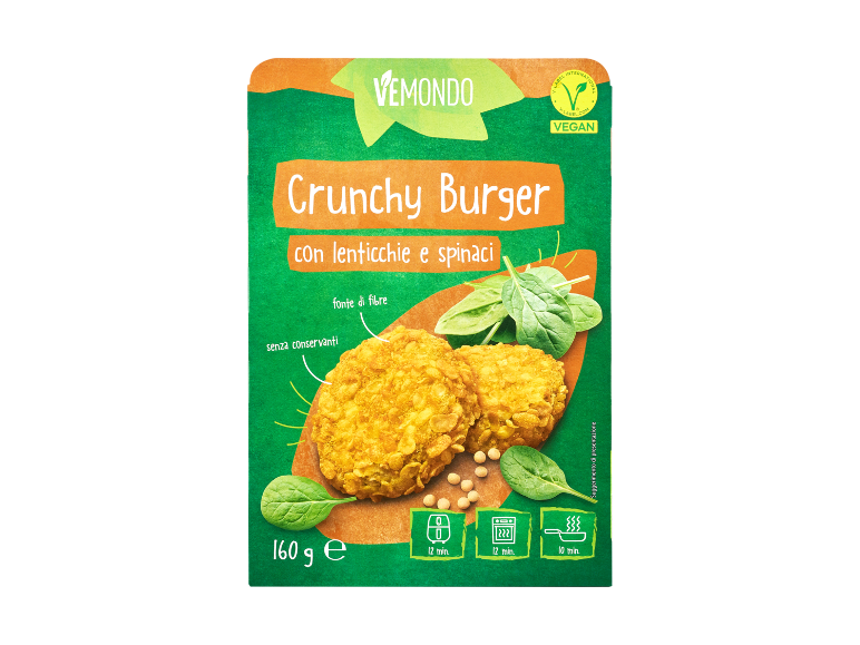 Burger croccanti di lenticchie e spinaci, vegani, senza conservanti, fonte di fibre.