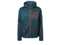 Giacca softshell da uomo blu-verde con cerniere e dettagli arancioni.