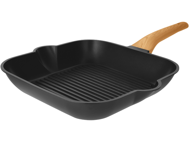 Padella grill quadrata nera con manico in legno.