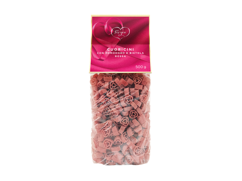 Confezione di pasta rosa a forma di cuore con pomodoro e barbabietola, 500 g.