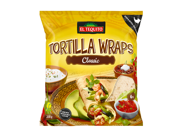 Confezione di tortillas classiche con ripieni, 6 wraps, 370g, vegano, richiudibile.