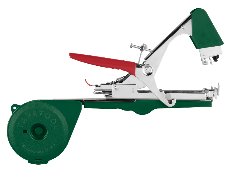 Graffatrice da giardino verde con manico rosso per legare le piante.