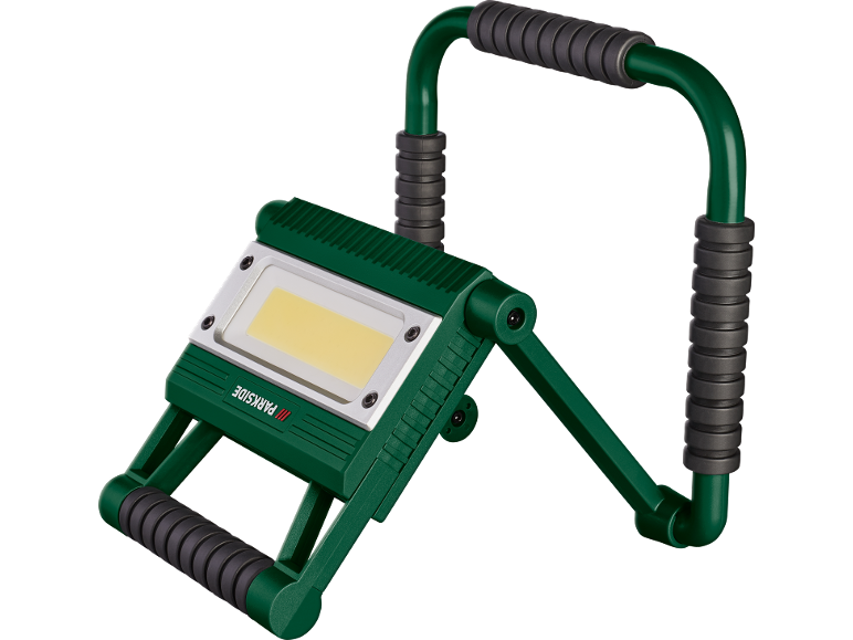 Faro da lavoro a LED verde con manici neri e base di supporto
