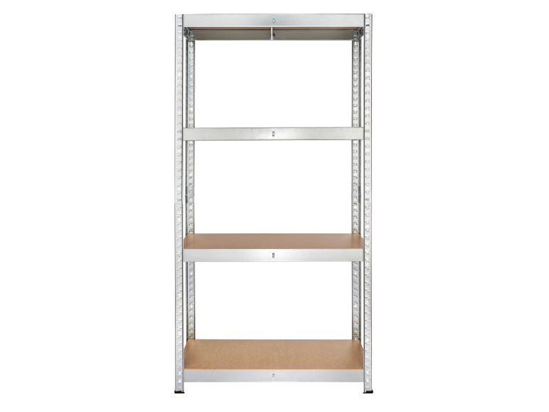 Scaffale metallico con quattro ripiani in legno, ideale per l'archiviazione.