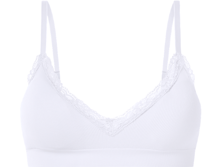 Reggiseno bianco a costine senza ferretto con dettagli in pizzo.