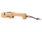 Affilacoltelli in legno con pietra abrasiva blu e cinturino in pelle.