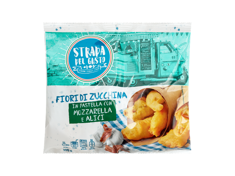 Fiori di zucca fritti con mozzarella e alici, con tema di street food italiano.