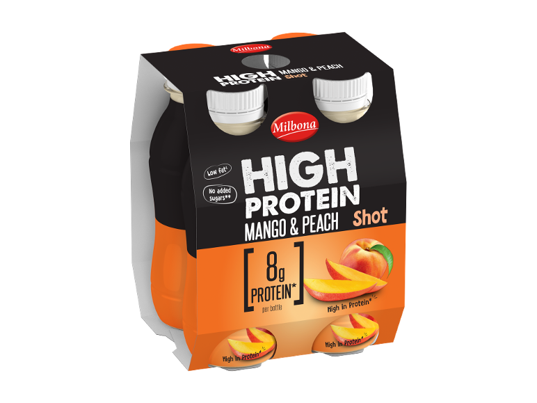Confezione da 4 shot proteici mango e pesca, 8g di proteine per bottiglia, a basso contenuto di grassi, senza zuccheri aggiunti.