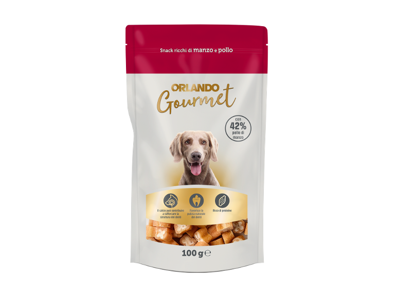 Snack per cani ricchi di manzo e pollo, con il 42% di pelle di manzo, che favoriscono la salute dentale e sono ricchi di proteine.