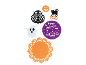Varie decorazioni di Halloween: fantasma, gufo, zucche, gatto nero e 'Happy Halloween' su sfondo viola.
