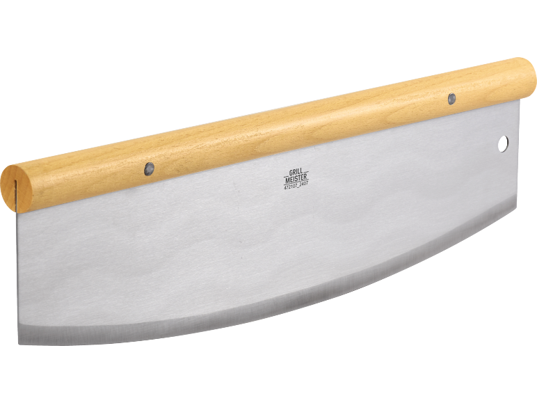 Tagliapizza con manico in legno e lama curva in acciaio inossidabile.