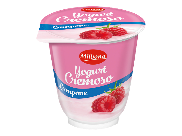 Yogurt cremoso rosa al lampone, con la scritta «Yogurt Cremoso Lampone».