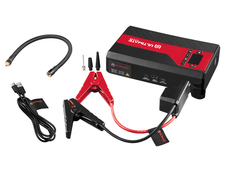 Avviatore per auto con compressore d'aria, cavi di avviamento e accessori di ricarica.
