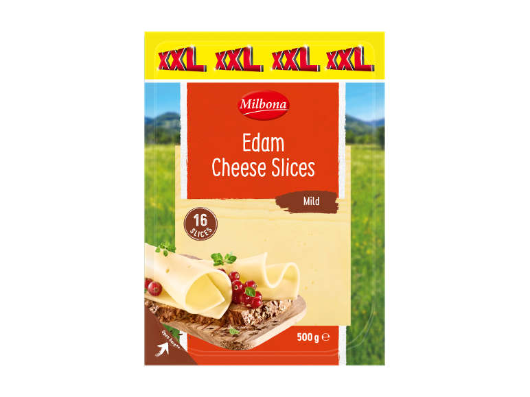 Fette di formaggio Edam XXL, delicate, 16 fette, 500g, con sfondo campestre.