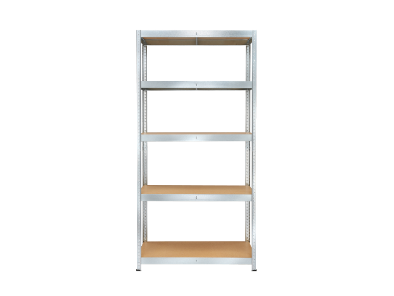 Scaffale metallico con cinque ripiani in legno su sfondo nero.