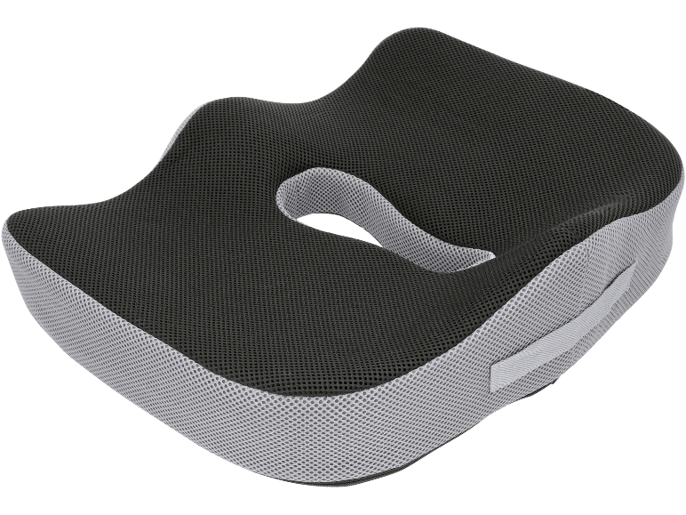 Cuscino ergonomico nero e grigio con design in rete traspirante.