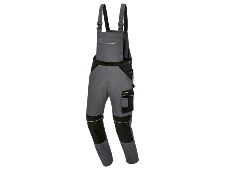 Salopette da lavoro grigia e nera con tasche e dettagli riflettenti.