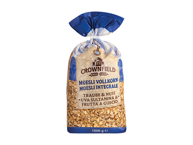 Muesli con uvetta e noci in un sacchetto, 1000g.
