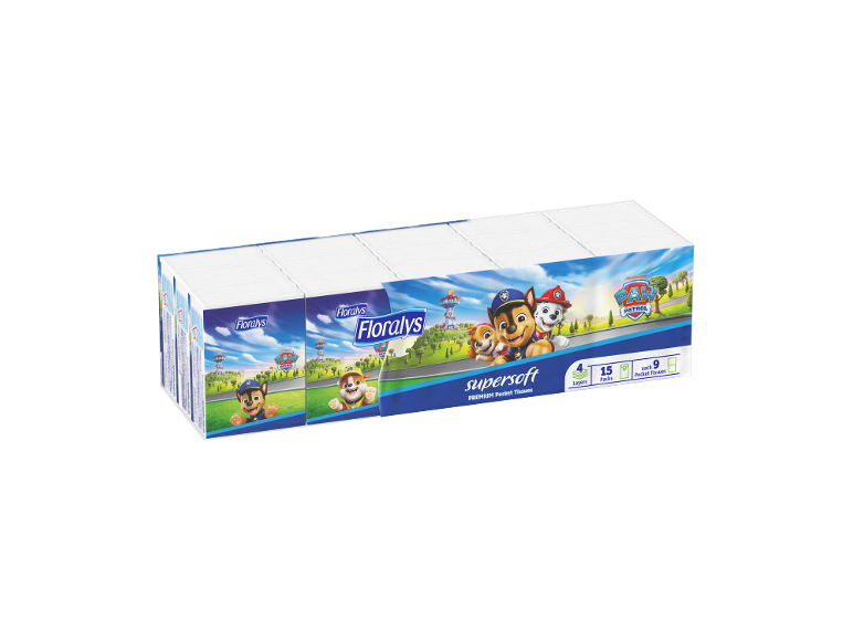 Confezione di fazzoletti tascabili a tema Paw Patrol, 4 veli, 15 pacchetti, 9 fazzoletti ciascuno.