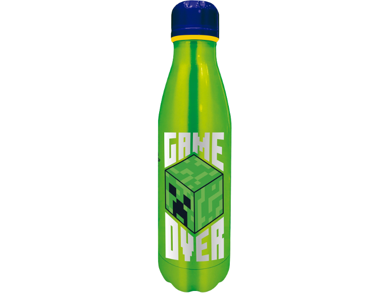Bottiglia d'acqua verde con tappo blu, con un design a cubo pixelato e la scritta 'GAME OVER'.