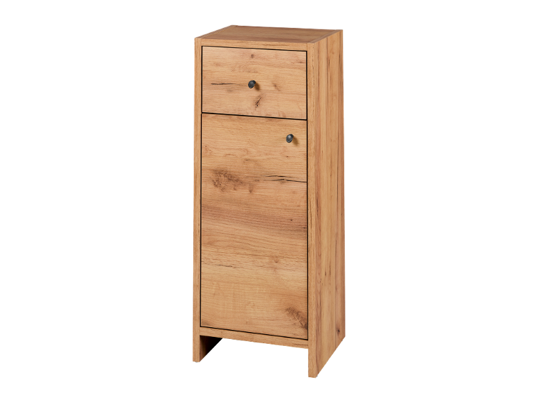 Mobile ausiliario in legno con due cassetti e un'anta, con maniglie nere.