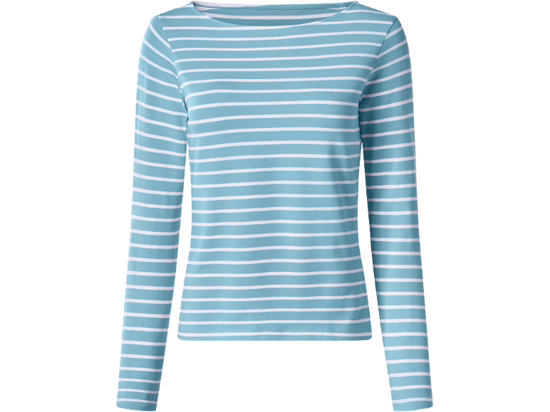 Maglia a maniche lunghe da donna a righe turchesi e bianche.